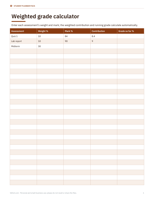 Preview of Printable Grade Calculator Sheet